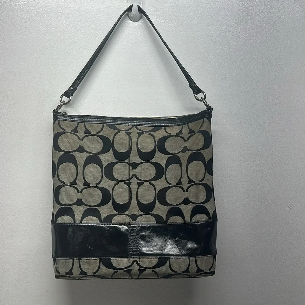 Coach Chelsea Purse Signature Stripe Hobo Bag Shoulder Canvas Leather Black Gray
